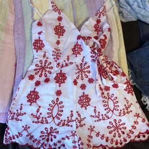 Red floral print romper